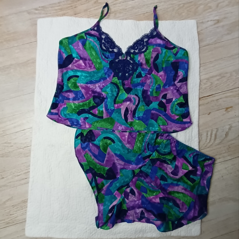Vtg. 2-Piece Sleep Set Cami Shorts 90s Purple Blue Green Small